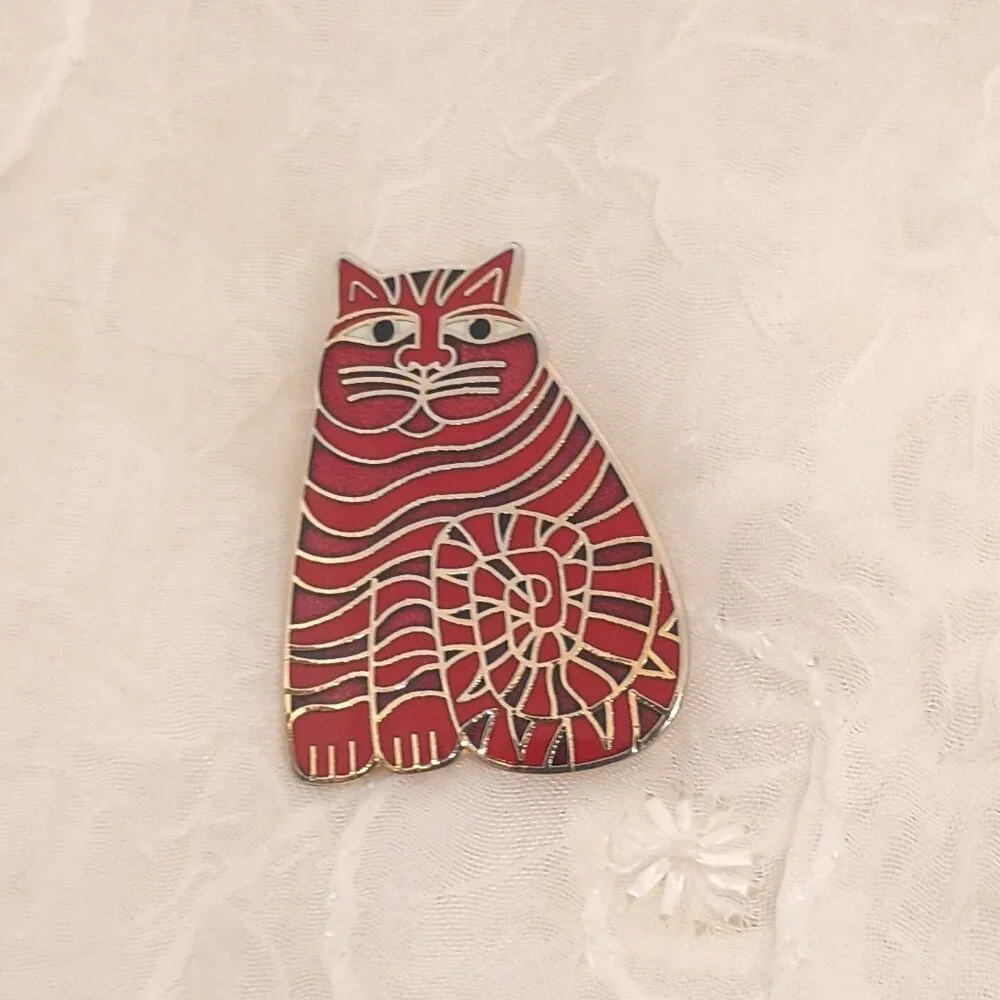 Laurel Burch Shambala Cat Brooch Red Gold Tone Enamel Striped Kitty Pin VTG - Picture 2 of 4